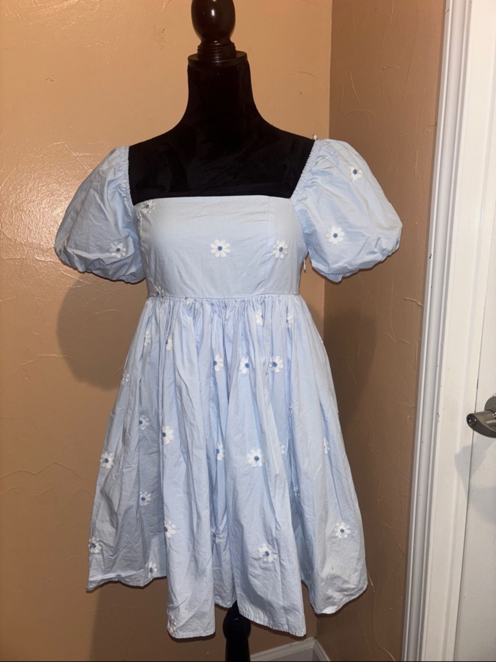 Light Blue Puff Sleeve Mini Dress with Daisy Embroidery